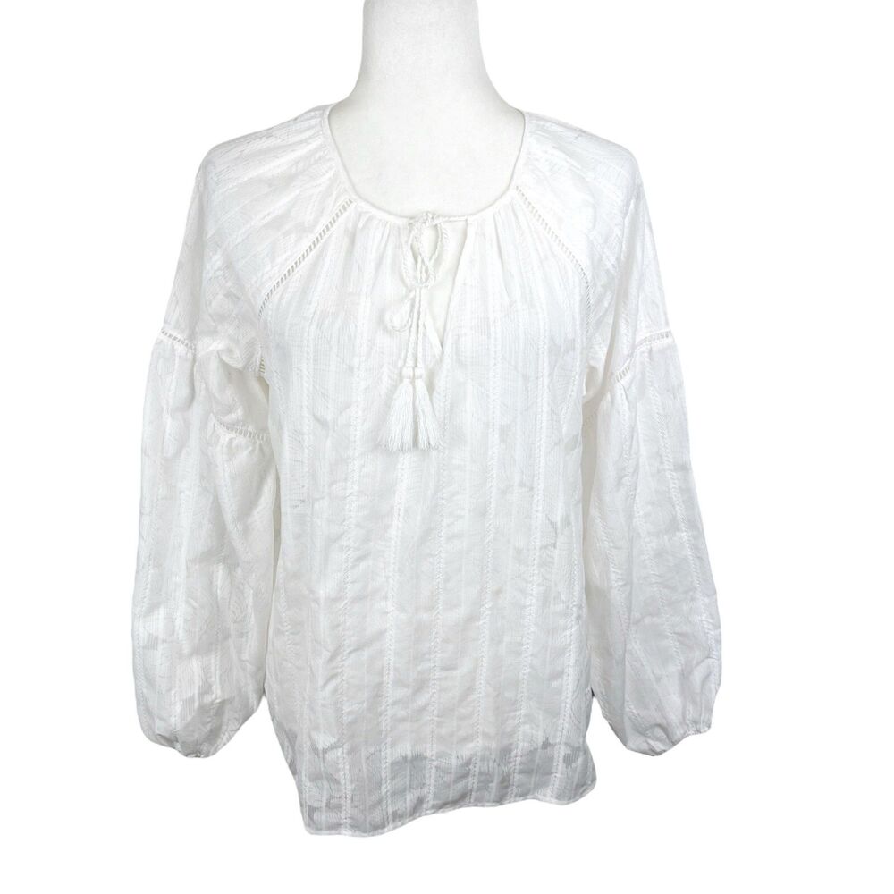 White House Black Market Blouse Women Medium White Boho Long Puff Sleeve Floral
